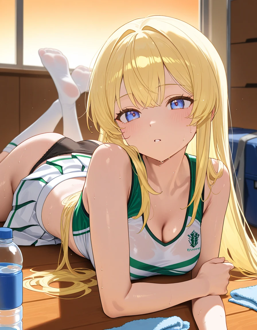 Highest quality, masterpiece, No correction, Beark, Hiro Gym,shinosawa hiro,thin,Orange eyes,White eyelashes,Blonde,Long Hair,Hair Clip,Track jacket,Green shorts,White sneakers, Sweating on the head, Heavy breathing, Head Focus, Transparent sneakers, Open shirt,Shining expression、Dirty face、Grin、 (masterpiece:1.2, Highest quality), (Fine and beautiful eyes: 1.2), (Beautiful and dense face), (Sharp facial hair between the eyes)