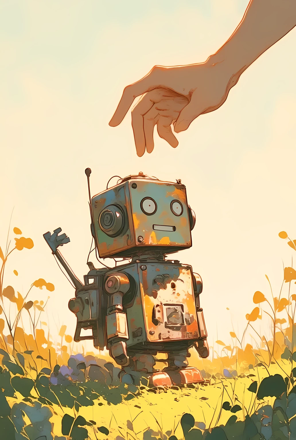 a hand-drawn illustration of a small wind-up toy robot sitting quietly in a field of tall grass at sunset,
its colorful tin body is faded and scratched, with chipped paint and tiny dents from years of play,
on its back is an oversized wind-up key, rusted and slightly bent, no longer turning,
its simple round eyes and boxy face give it a permanently cheerful expression, now softened by time and silence,
its short arms rest stiffly by its sides as it sits motionless, half-sunk in the dirt like a forgotten memory,
a gentle breeze moves the grass around it, and the sky glows with soft watercolor hues of orange and lavender,
reaching toward the robot from above is a human hand, delicate and gentle, as if about to pick it up or awaken it from its long slumber,
the robot’s eyes seem to reflect a faint glimmer of hope,
illustrated in a picture book style with thick pencil lineart, gentle watercolor washes, subtle color bleeding, and a warm textured paper background,
the atmosphere is nostalgic, tender, and quietly magical — a moment of reunion in the life of a long-abandoned toy, whispering-light