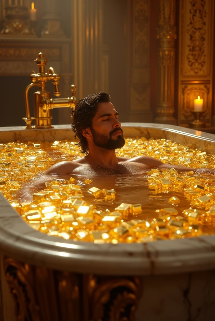 A 20-year-old boy is swiming in gold biscuits in a bathtub