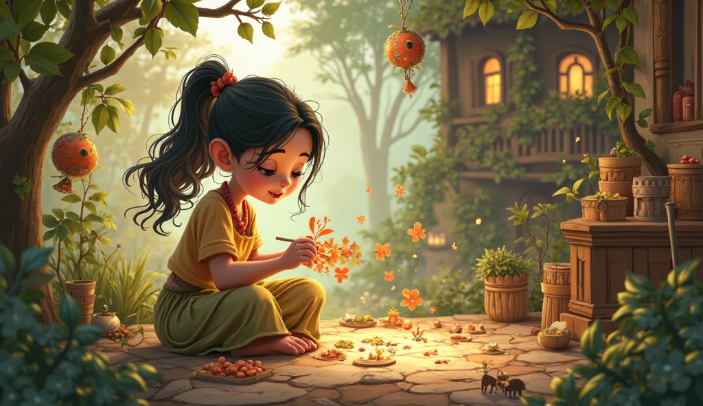 A child makes incense sticks in a beautiful environment