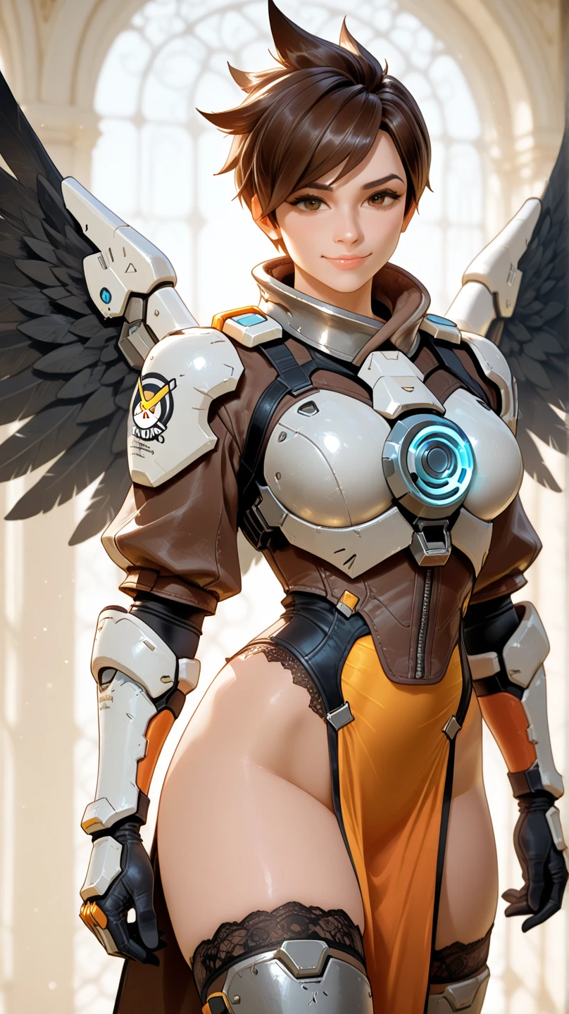 (masterpiece, best quality), intricate details,
1girl, 1girl, solo, tracer (overwatch), mechanical halo, breasts, blue eyes, blonde hair, mechanical wings, wings, halo, holding, naked, cowboy shot, yellow wings, lips, gloves, black gloves, nsfw