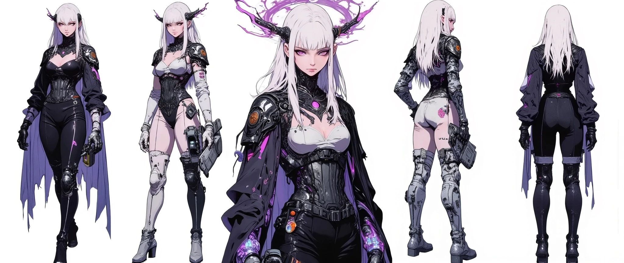 very aesthetic, A very beautiful 27 year old adult woman, nice and sexy body, long curvy legs, medium breasts, sexy body, fair skin, long silky white hair with white highlights, bright purple eyes, gothic cyberpunk style, wearing a black and violet technological corset [[Her left arm is bionic]] mysterious markings glowing on her chest and neck, transparent dark cape flowing behind her, tall metallic boots with magical runes inlaid in them, futuristic jewelry, a psychic halo floating above her head, • [[rendered as animes 'Blame' 'Berzeker' 'PSYCHO-PASS' 'Texhnolyze' , Female body similar to anime 'Blade & Soul']] rossdraws 2.0, high resolution, 90s anime style, full body, high contrast, anatomically correct, front and side and back view, character presentation, [[white background]], character design layout, 3 sides, front back and side, front view [[[She'S FRONT]]], [[She's back]] [[FULL BODY]], [[Image showing her full body from head to toe]] , front and side view in the same image, [[white background]], presentation of the character concept. no shading, flat colors in the 90's anime style with cel shaded. 3 tones