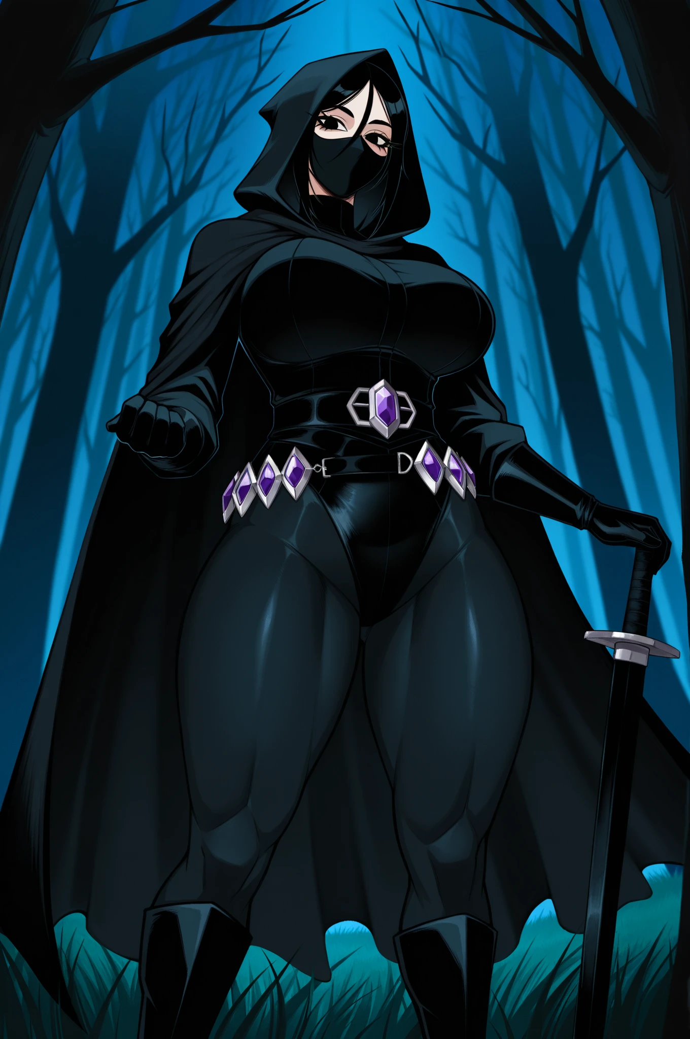 (solo:1.1),(masterpiece), (best quality:1.3), ultra detailed, intricate, professional art, digital art, absurdres, shadraven, (Full body view:1.1), 1girl, solo, (grey skin:1.4), dark purple hair, bob hair, dark purple eyes, hips wider than shoulders, pear shaped body, jewellery, detailed thighs, (thick thighs:1.3), red jewel in forehead, jewels, (long sleeved turtleneck leotard:1.4), (Red jewel Belt), (red jewel brooch), cuffs, small breasts, nipple bulge, (raven long dark purple cloak), (Shadraven brooch:1.2), Shadraven jewel belt, Shadraven wearing a long sleeved leotard, long legs, ( long crotch bulge:1.4), large penis, large testicles, side view, looking at viewer, bubble butt , gluteal crease, universal lighting,
