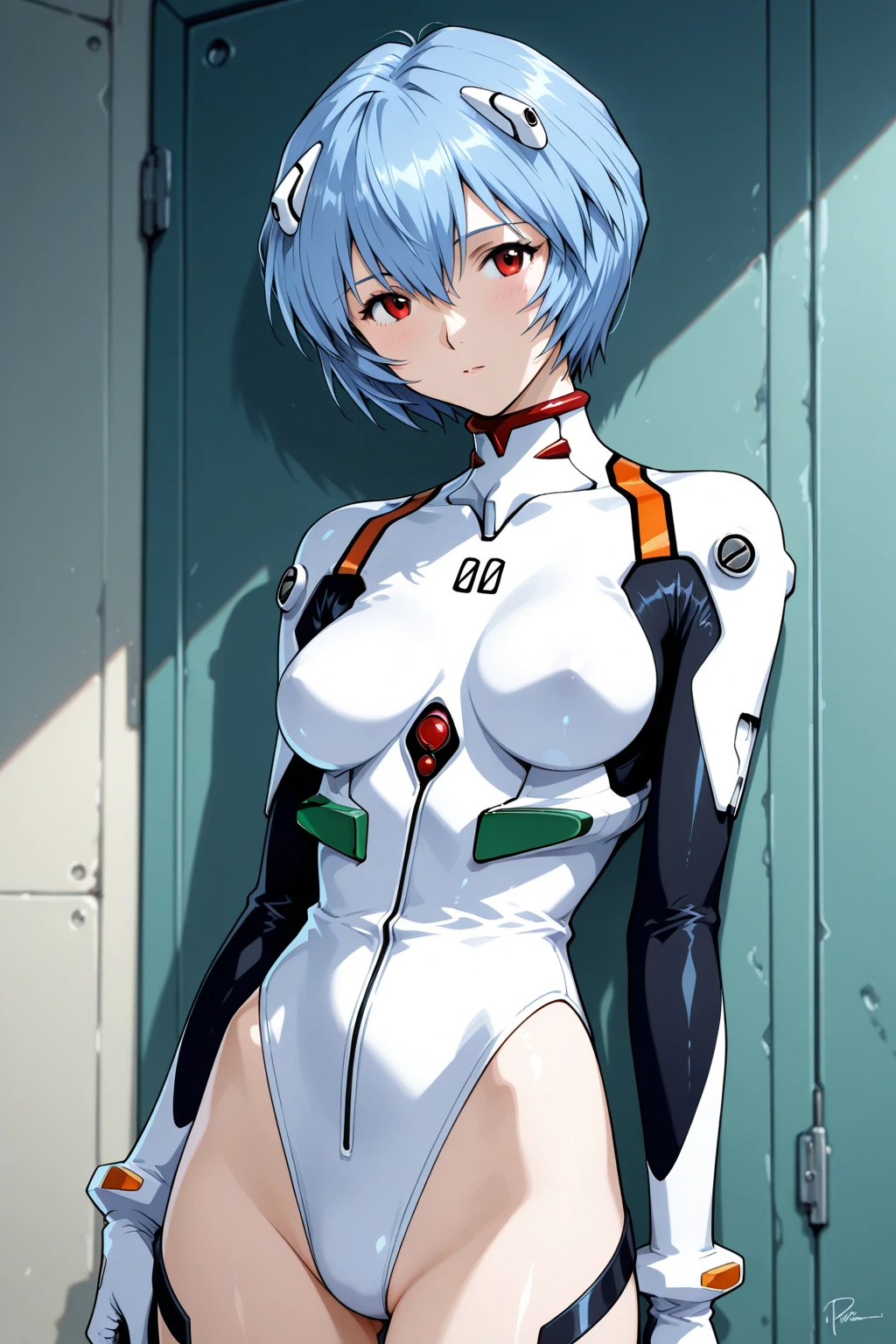 snfw,(highest quality:1.2),1 girl,alone,Are standing_Split,AYANAMI REI,(white leotard:1.2)、short hair,blue hair,bangs,interface headset,hair between eyes,pixelated background,neon light,SF color scheme,Bright colors,metallic texture,detailed shading,Holographic interface,dark atmosphere,high contrast,sharp focus,twig of hair,Reflective surface,exquisite details,High resolution,studio lighting,Red accents,Illuminated environment,artificial intelligence assistant、camel toe