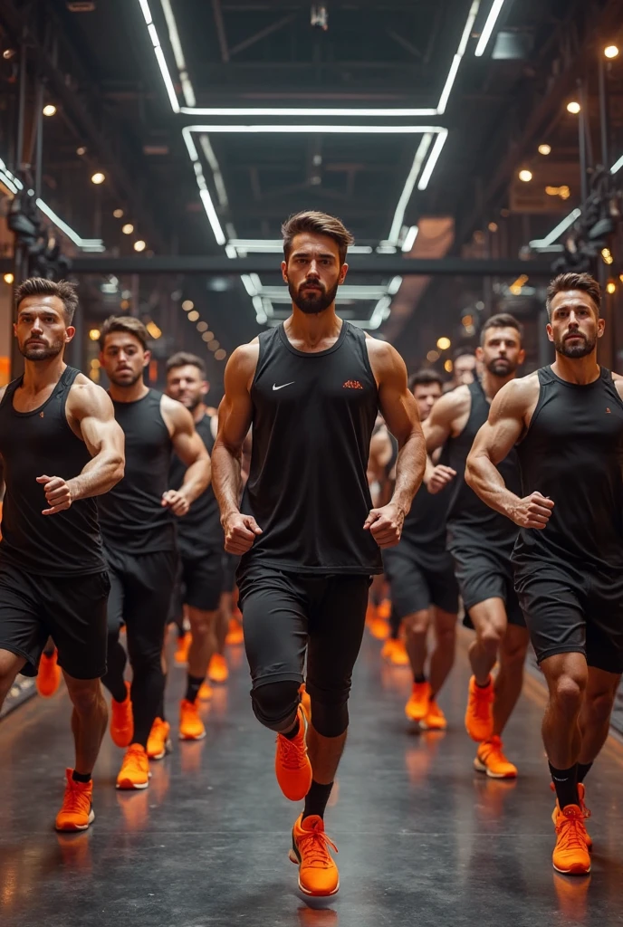 Generate an image of a 45-year-old man, brown skinned, shaven hair, short beard, chest with fur, wearing no shirt, navy blue shorts, black sneakers, in a gym, along with friends.