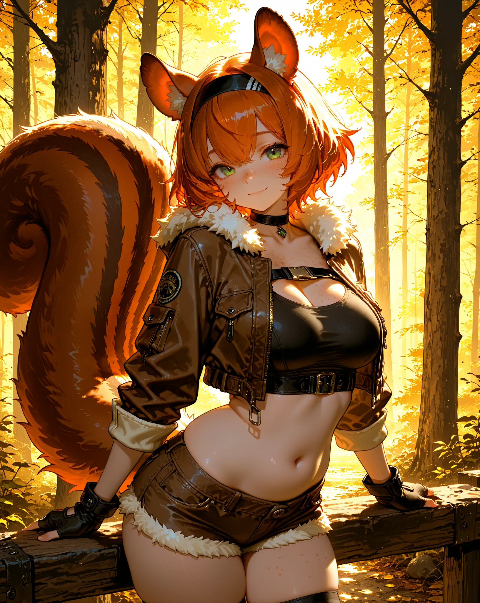 A red panda woman with large breasts, wearing a fur crop top and fur panties, small red panda ears, and small whiskers. She is standing in a magical forest setting, facing forward with a mischievous expression. The scene is painted in an oil painting style, with complex details and vibrant colors. The character has a perfect face with soft skin, and the background is filled with mystical and magical elements, creating a masterpiece in 8k