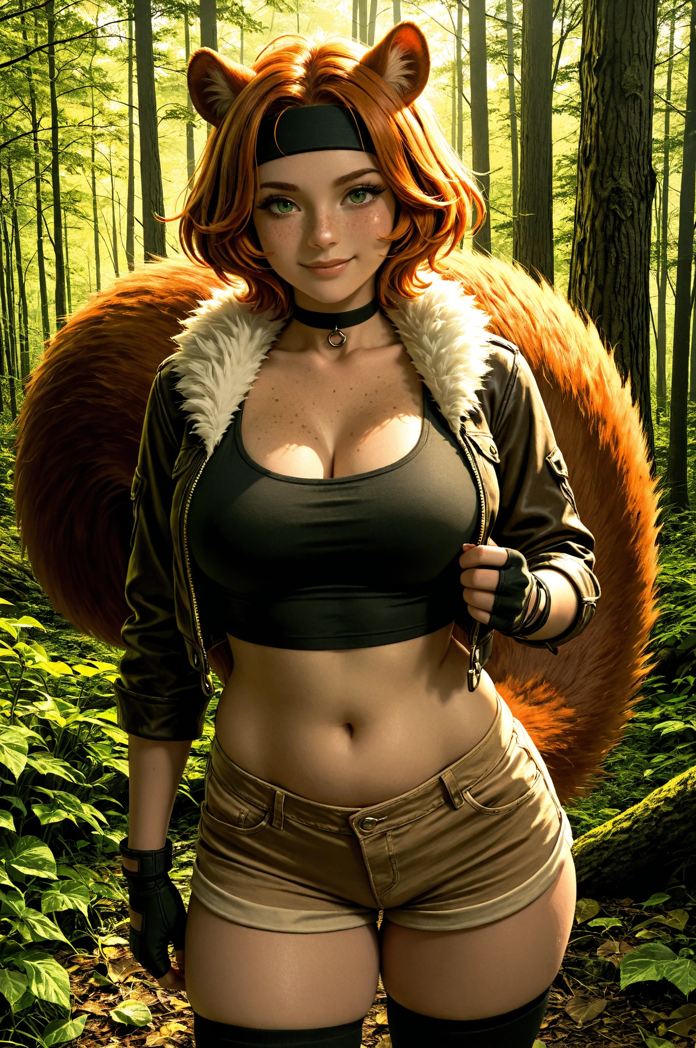 (face in frame:1.4), (editorial medium full body shot photography), (8k, RAW photo, best quality, masterpiece:1.4), detailed background, sharp details, intricate details, highly detailed, UHD, HDR, Sylvi Fredriksen norweigan woman, (passionate grin:1.5), (long ginger wavy hair, hair clip:1.4), (small breasts, breast, little breast:1.4), (voluptuous and shapely:1.4), (wearing Orange jacket, blue t-shirt, dangling earrings, backpack, tactical vests, tactical gear, long denim shorts:1.5), (choker and Gloves:1.3), (wide waist, wide hips, big thighs, thick legs:1.5), (Dramatic eyes and eyebrows, Striking lips:1.2), (outdoors, cliff, rocks, trees, misty, forest, landscape, volumetric fog, subdued lighting to cast a soft glow, complex background:1.4), (detailed anatomy:1.5), (detailed hands:1.4), (detailed fingers:1.4), (detailed eyes:1.4), (detailed pores skin:1.4), (detailed limbs:1.4), (detailed face:1.4), (toned physique:1), (dynamic pose, random pose, modeling:1.2), twilight lighting, volumetric lighting, natural lighting, beautiful lighting, trending on ArtStation, trending on CGSociety, dramatic lighting, by artgerm, by Liang Xing, by WLOP, immersive atmosphere, (chiaroscuro:0.2),