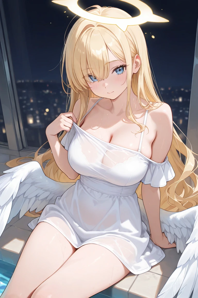 {{{masterpiece}}}, {very detailed CG}, amazing, in detail, alone, {{beautiful 풍경}}, sunset, {{wind}}, detailed background, beautiful, nipple, panties, Sheer mesh dress, bright eyes, {{whole body}}, dynamic pose, dynamic angle, looking at the viewer, Detailed clothes, beautiful sunset, enlargement, best quality, blonde long hair woman, {{beautiful}}, pretty, {laughing}, {{with angel wings}}, halo, shiny