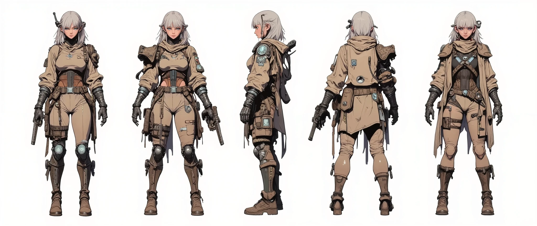 latest, very aesthetic, A very beautiful 30 year old adult woman, athletic and curvaceous body, strong legs and firm thighs, with a sharp and intense face, short wild silver hair with tribal braids on one side, cyberpunk style with a desert theme, wearing sturdy scavenger armor with layers of ripped fabric and reinforced leather, [[Beige and dark brown color palette]], turtleneck scarf, loose short jacket, mechanical arm with visible plates and tattoos, light tech goggles on her head, she has several knives and ammunition belts on her hips, wearing sturdy, dusty and torn desert boots, [[rendered as animes 'Blame' 'Berzeker' 'PSYCHO-PASS' 'Texhnolyze' , Female body similar to anime 'Blade & Soul']] rossdraws 2.0, high resolution, 90s anime style, full body, high contrast, anatomically correct, front and side and back view, character presentation, [[white background]], character design layout, 3 sides, front back and side, front view [[[She'S FRONT]]], [[She's back]] [[FULL BODY]], [[Image showing her full body from head to toe]] , front and side view in the same image, [[white background]], presentation of the character concept. no shading, flat colors in the 90's anime style with cel shaded. 3 tones