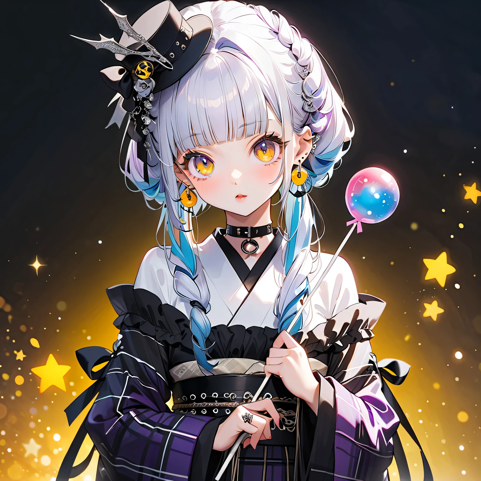 Front face facing the viewer、the cutest girl in the world、1girl,pretty face、Babyface、large eyes、Expressive、(((top quality、最高masterpiece、Super Detailed、High precision in selection、CG、winning work)))、(masterpiece,top quality),(((white goth spank、cute gothic kimono remake with a goth lolli and kimono、yellow purple goth kimono、Burberry plaid costume))),(Ruffles on the collar )、(Long sleeves、I'm wearing a 、Ruffles on the cuffs)、(首にフリルとstarのチョーカー)、(small silk hat with a slight angle on the head)、(Shoulders are exposed)、(((milky white and blue gradation hair color、 Unique and cute hairstyle 、Blunt bangs、)))、(starの妖精、small translucent fairy feathers growing from the waist)、(star、Space、Milky Way、流star群)、(Diamonds、glitter)、(Mevius ring earrings)、