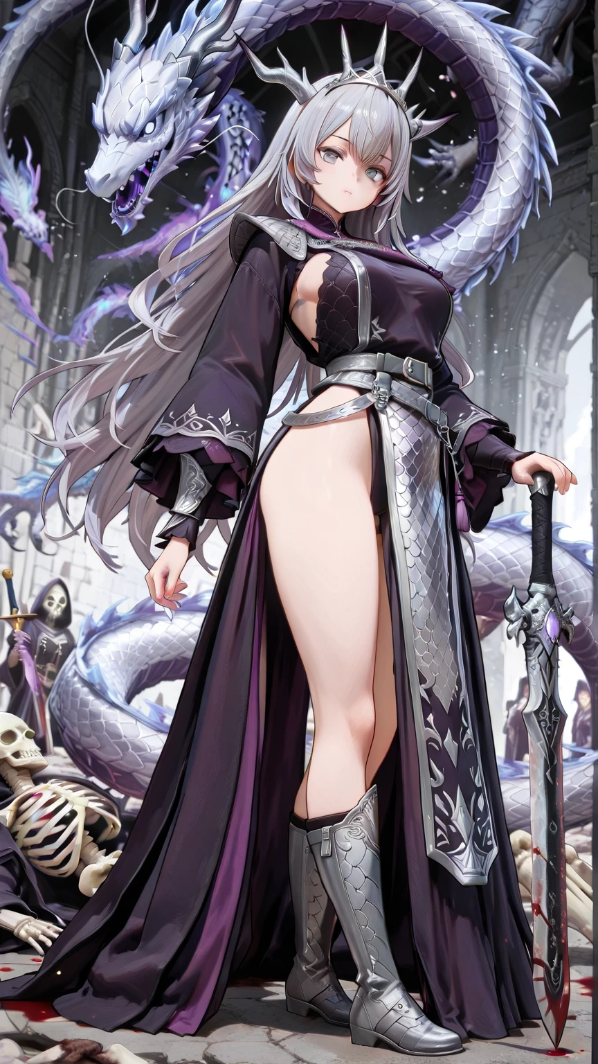 1 woman, long hair, multi-tone hair, light green to emerald green hair, red eyes, (darker skin), Elegant, royal purple kimono, black and gold embroidery, (subtle dragon elements), (subtle bat elements), stiletto heels, high resolution, ultrasharp, 8k, masterpiece, towering over viewer, mocking smile, evil woman, domineering pose, full body, buxom, all-encompassing, Darkstalkers, anime, Dark princess, victorious, subjugated enemy