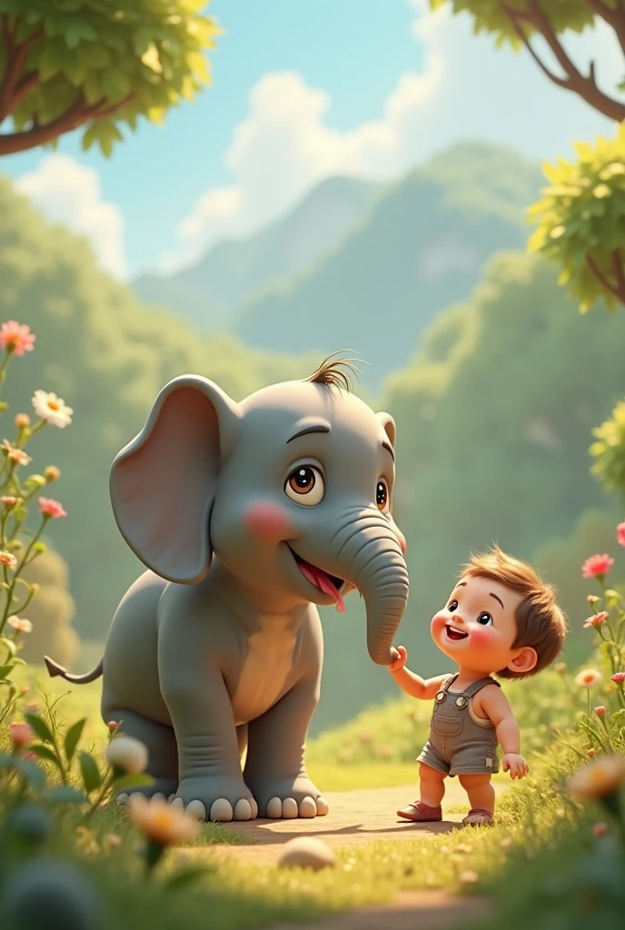 A frog is sitting on top of the elephant and a small child is seen standing near it.