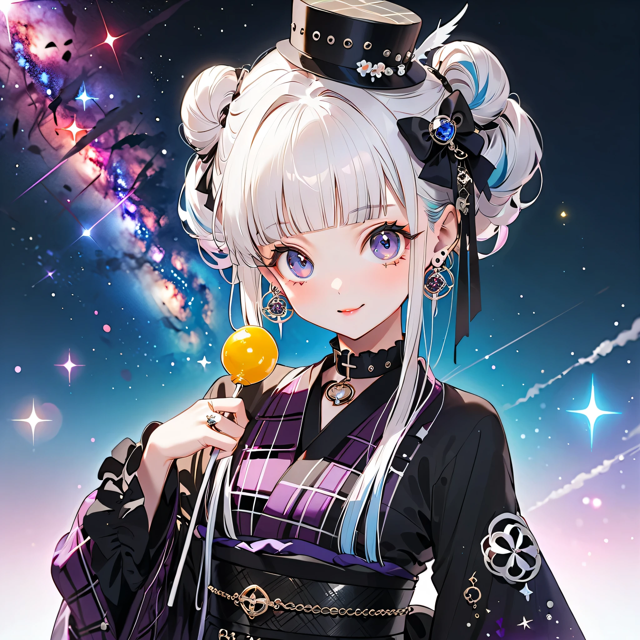 Front face facing the viewer、the cutest girl in the world、1girl,pretty face、Idol、Babyface、big eyes、Smile Yan、(((top quality、最高masterpiece、Super Detailed、High precision in selection、CG、winning work)))、（masterpiece，top quality），(((white goth spank、cute gothic kimono remake with a goth lolli and kimono、yellow purple goth kimono、Burberry plaid costume)))，（Ruffles on the collar ）、（Long sleeves、I'm wearing a 、Ruffles on the cuffs）、（首にフリルとstarのチョーカー）、（small silk hat with a slight angle on the head）、（Shoulders are exposed）、(((milky white and blue gradation hair color、 Unique and cute hairstyle 、Blunt bangs、)))、（starの妖精、small translucent fairy feathers growing from the waist）、（star、Space、Milky Way、流star群）、（Diamonds、glitter）、（Mevius ring earrings）、