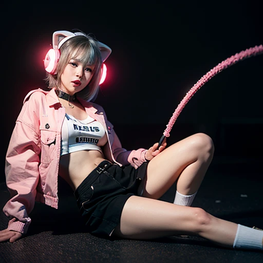 arctic fox, pink eyes,, womb tattoo, short hair, black hair, sweaters for boys and girls,nymphomancer,, hairy, night city, glowing eyes, There is no feeling, long tail, collar, masterpiece, puppet, bat wing, Shy, White headphones, fox tails, top quality, nuclear, slime nuclear, white body, Name Snow, fox tails, black tail, Turn into a fox, Convertible jacket,