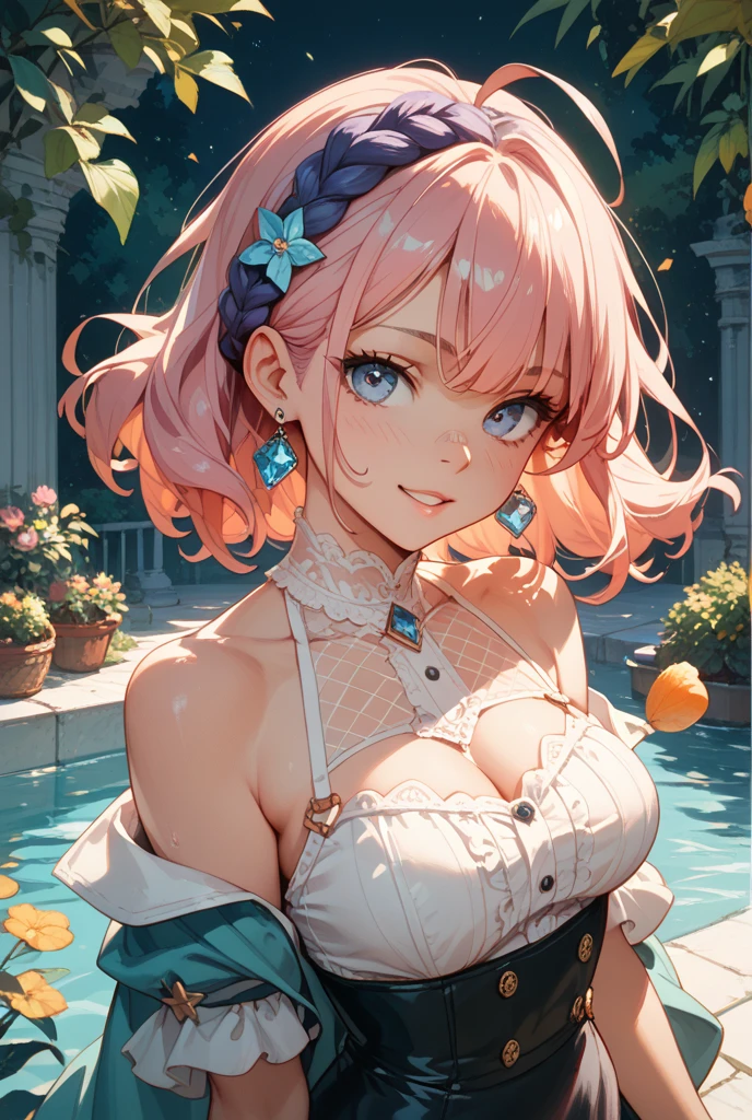 (masterpiece、highest quality: 1.1)、merchant (dq3)、1 girl、solo、short hair、ponytail、pink hair、blue eyes、big breasts、cleavage、white dress、strapless dresses、Sash、white pants、gem、earrings、smile