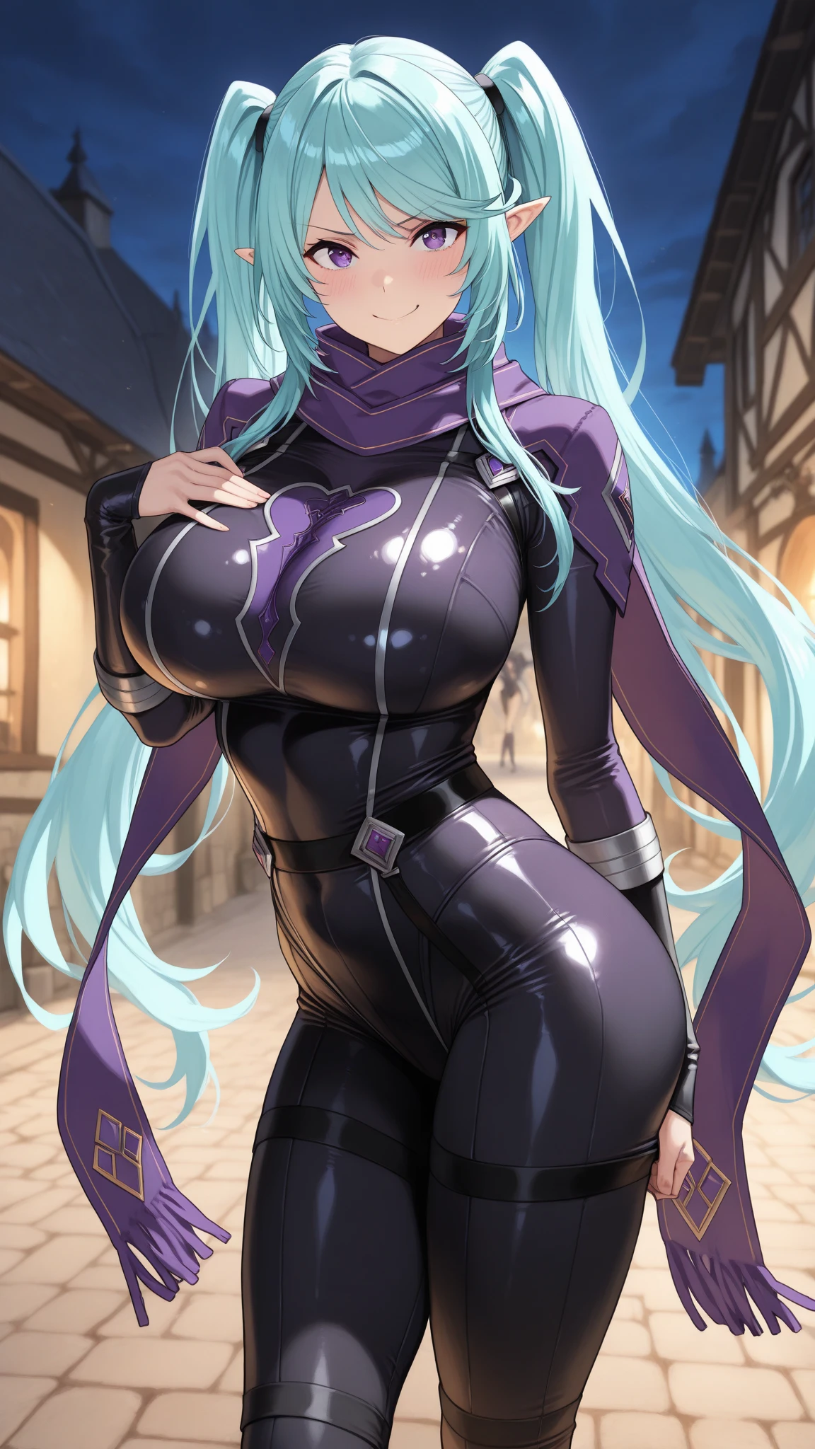 High-quality images of Hatsune Miku、Demon Shinobi、Highest品質、Highest1people々 girl,high quality,, ((Masseter muscle area)), ((High resolution)), ((Highest品質)), detailed, (Laughter.very happy,3000 times more sensitive), ((Shiny skin)), (High leg bodysuit:1.2)、girlと, ((huge 、Light blue hair、Twin tails))、Expressionless、Jump、((Rooftop at night))