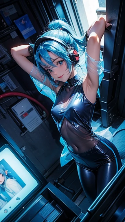 (masterpiece), highest quality, 超High resolution,Girl, サイバーパンク 1 美しい都市景観の上を飛ぶGirl ,Headphones,Blue Hair, Neon colorの流れ星, Very long hair, Off the shoulder, Neon color, Blink, Amazing night sky, Cinema Lighting, Realistic, Realistic Skin, High resolution,Fisheye Lens,Wearing a see-through transparent rubber suit,