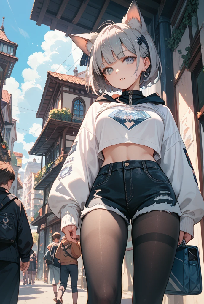 Maximum quality、Membros completos、dedos completos、uma linda mulher、Linda mulher peituda、Mulheres com cabelos lisoulher de cabelos castanhos、Top de malha laranja com gola alta e sem mangas、White shorts、black pantyhose、Um grande sorriso、Street trees、shibuya