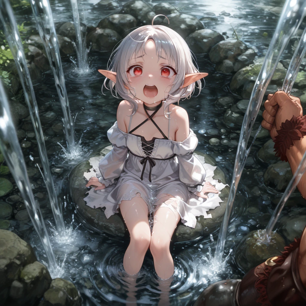 (Small breasts)、、Slender beautiful girl、Gray Hair、Embarrassed、Full nudity、A large amount of  spurting out from between her legs、Soaking wet、A lot of white fluid in the body、Breast milk spurting out、orgasm、On all fours、Hands on the floor