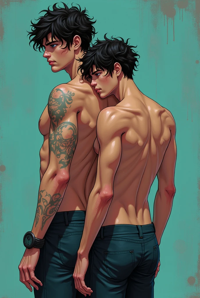 a man with muscular body and tattoos on his arms and chest passionately kissing a young kpop idol-looking man with delicate features, soft skin and tattoos on his neck and arms, in a dimly lit modern apartment, dramatic lighting from city lights through window, (best quality,4k,8k,highres,masterpiece:1.2),ultra-detailed,(realistic,photorealistic,photo-realistic:1.37),HDR,UHD,studio lighting,ultra-fine painting,sharp focus,physically-based rendering,extreme detail description,professional,vivid colors,bokeh,portrait,chiaroscuro,dramatic lighting,intimate,sensual