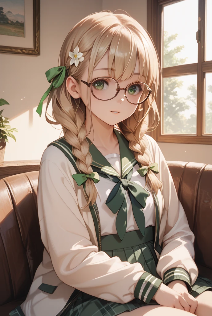 Best Quality、超A high resolution、fullllbody、Girl working in a flower shop、Making a bouquet、 Red glasses、A smile