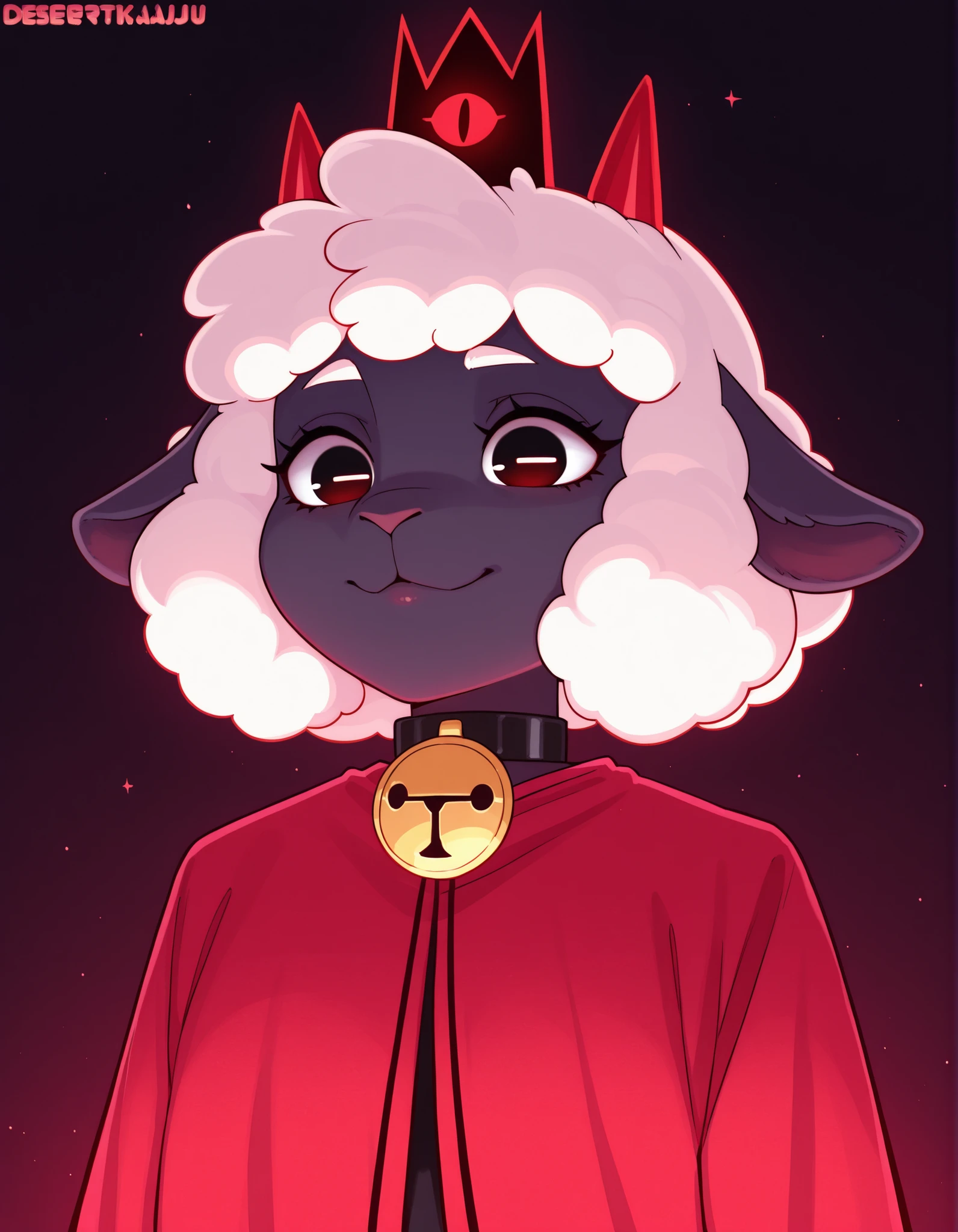 score_9, score_8_up, score_7_up, score_6_up, spacedoutflowers barbie_and_ken_mugshot_meme cult_of_the_lamb massive_monster_(studio) lamb_(cult_of_the_lamb) red_crown_(cult_of_the_lamb) bovid caprine mammal sheep english_text ambiguous_gender anthro clothed clothing gesture grin hand_gesture happy holding_object looking_at_viewer mugshot smile solo standing text v_sign