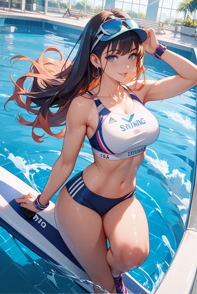 realisticlying、、Competitive swimsuit style girls、Big butt、Thicker thighs、Slightly emphasize the chest and cleavage、Face Real、A sexy、Pool with big chest face on smiling background