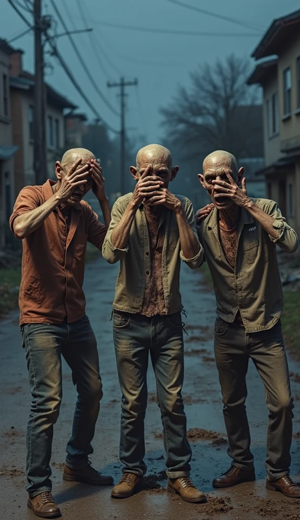Three zombies pose as if to say 'see no evil, hear no evil, speak no evil'. The first zombie covers its eyes, the second zombie covers its ears, and the third zombie covers its mouth. The zombies have rotting skin and torn clothes. There is an abandoned house in the street in the background to keep the focus on the zombies only. There is no text on the zombies' clothes or the character bases. The zombies should look more three-dimensional and plastic, with enhanced depth and textures to make them look more realistic. At midnight, natural light, beautiful colors, sharp 8k.