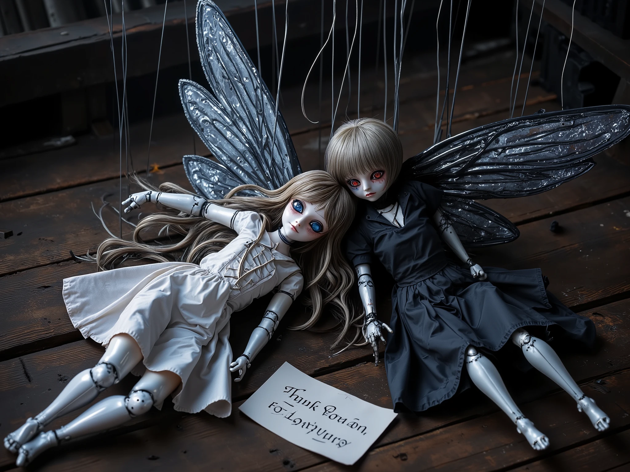 4pp4l4chi4 Folk Horror,SINoALICE, Parrah, Noya, 2dolls, creepy, dark, creepy dolls, marionette dolls laying on the floor, in a library, Library, (Parrah is wearing light clothes and fairy wings, long hair, girl), (Noya is wearing dark clothes and fairy wings, short hair, boy), orange eyes, a note reads "Thank You For Playing"