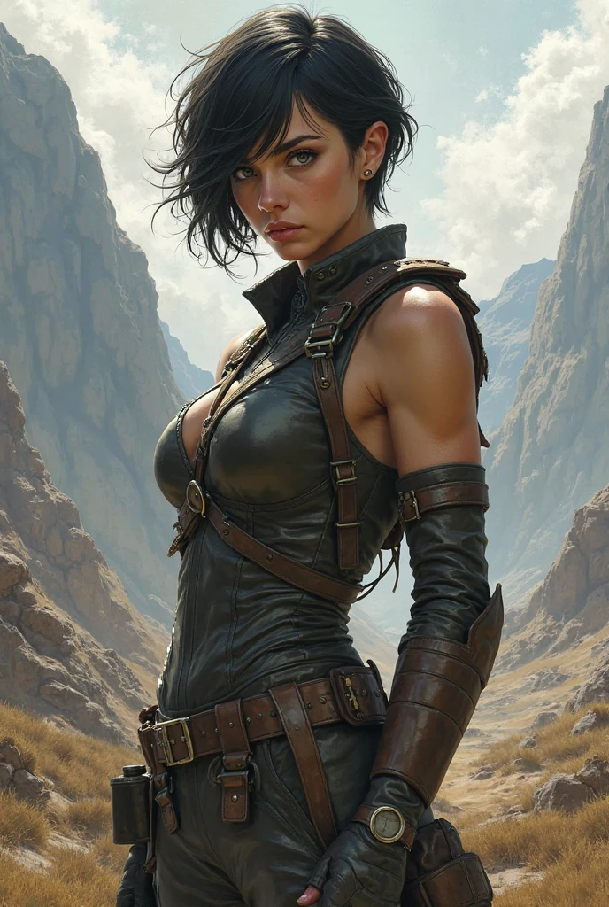 sci-fi, space rogue thief girl, (smirk:1.1), short hair, black hood, light armor, big grey eyes, beautiful detailed eyes, drawn by Greg Rutkowski, Yoji Shinkawa:0.6