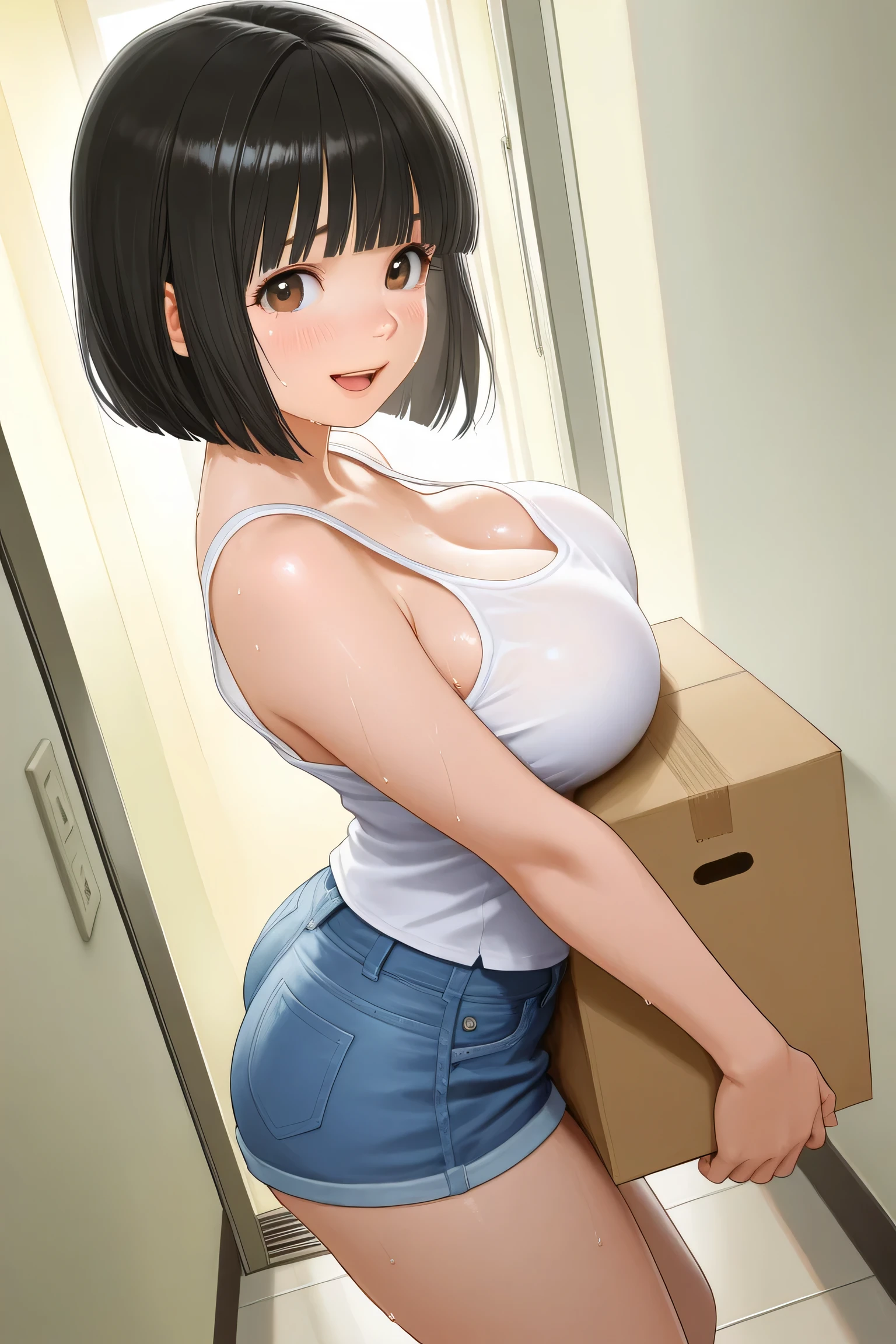 1girl, standing, carrying cardboard box in front, (breasts on box), from side, looking at viewer,
BREAK girl, 22yo, short hair, bob cut, ear, (blunt bangs), black hair, (tareme:1.2), detailed cute brown eyes, curled eyelashes, (large breasts:0.8),
beautiful eyes, beautiful face,
white tank top, denim shorts, thighs,
embarrassed, frown, smile, open mouth, (sweat:1,2),
apartment, hallway,
masterpiece, best quality, amazing quality, very aesthetic, absurdres, newest, (realistic:1.2), highres, hyper-detailed, super detailed, extremely detailed, sharp focus, nsfw, explicit