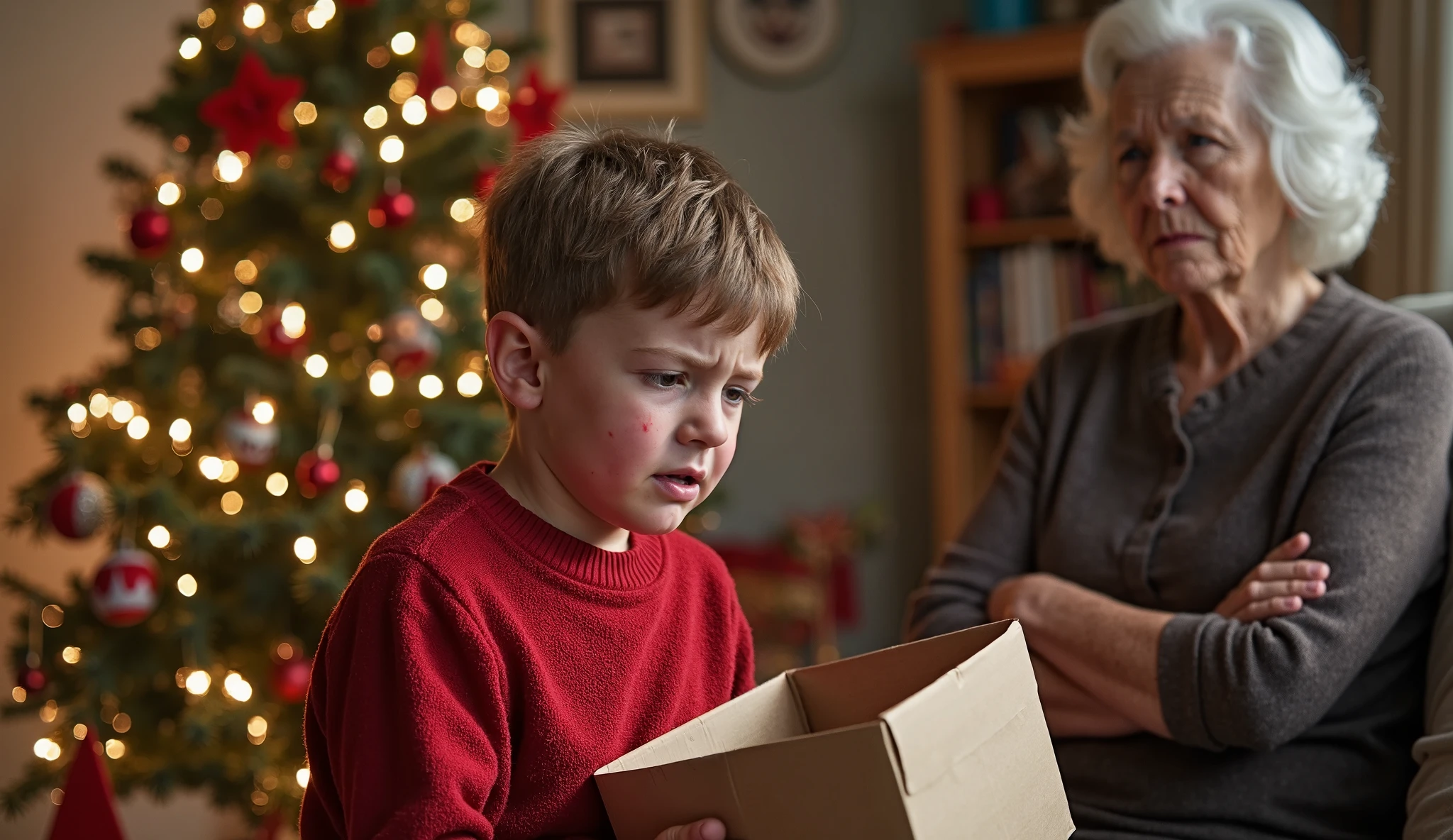 waist up, A little boy on christmas morning wearing the ugliest fuzzy christmas sweater ever, crestfallen expression, unhappy