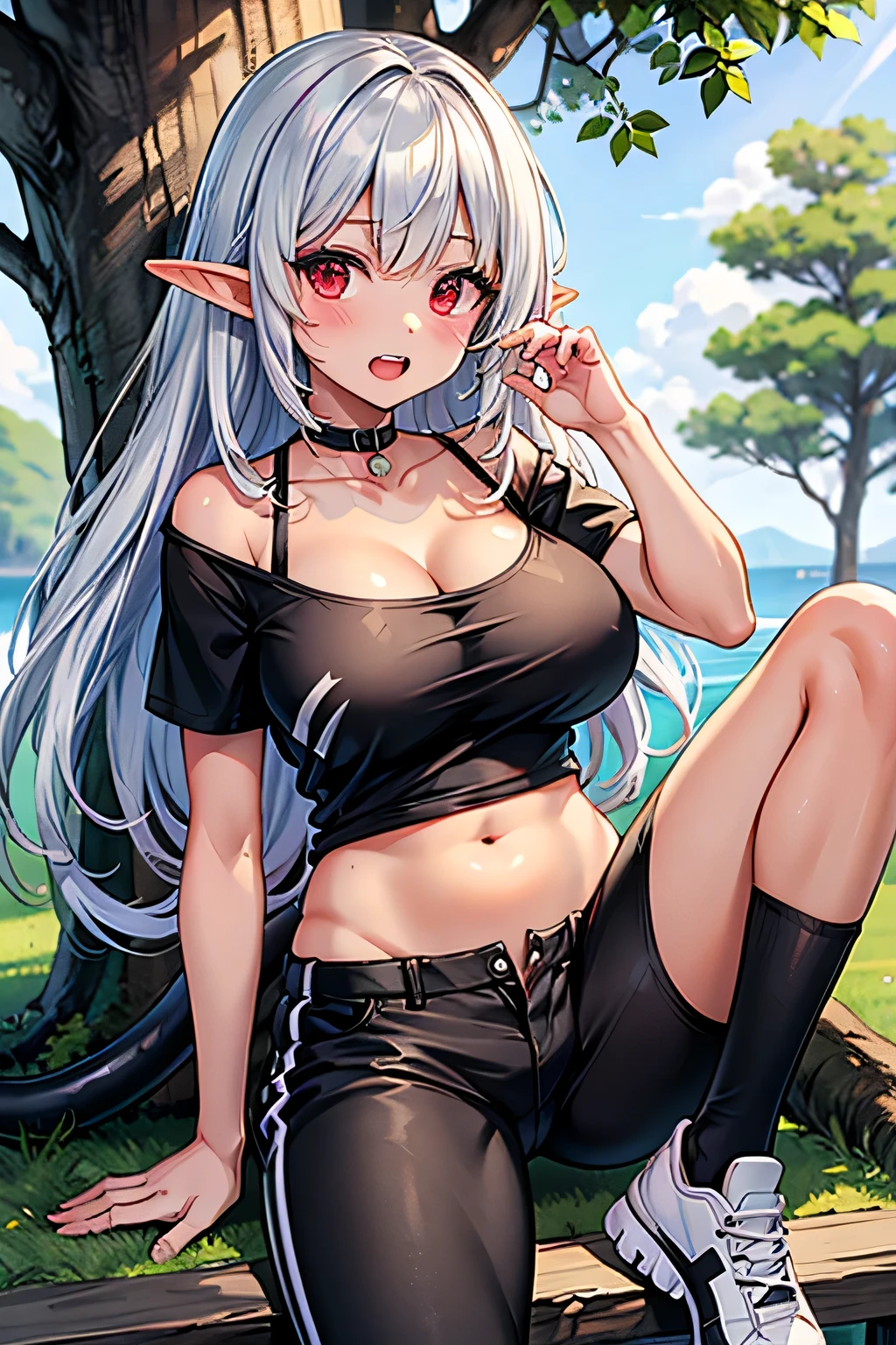 (Masterpiece, Best Quality, High Quality, Highres:1.4), Detailed, Extremely Detailed, Ambient Soft Lighting, 4K, 

outdoors, (nature, forest:1.2), rocks, beautiful landscape, tall grass, lush grass, trees, detailed bark, solo, 1girl, sitting on rock, spread legs, upper body, black pants, white shirt, long hair, white hair, (curvy:1.4), (large breasts:1.2), covered nipples, (thick thighs:1.2), green eyes, cameltoe, (pointy ears:1.2), elf, huge ass,