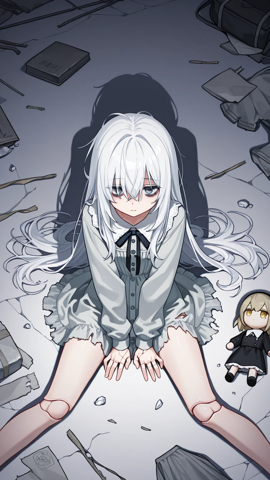 1 female, white long hair, , , black eyes cute design, sad facial expression, sad tears face, dolls, scary town, darker black sky, all blood, blood, 2010s anime style, horror wallpaper, legs, yellow long sleeve shirt, jeans
