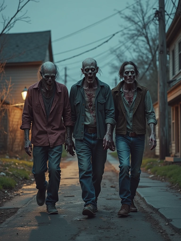 Scary zombies walk in a desolate and gloomy graveyard, with a chilling atmosphere and a disturbing image.