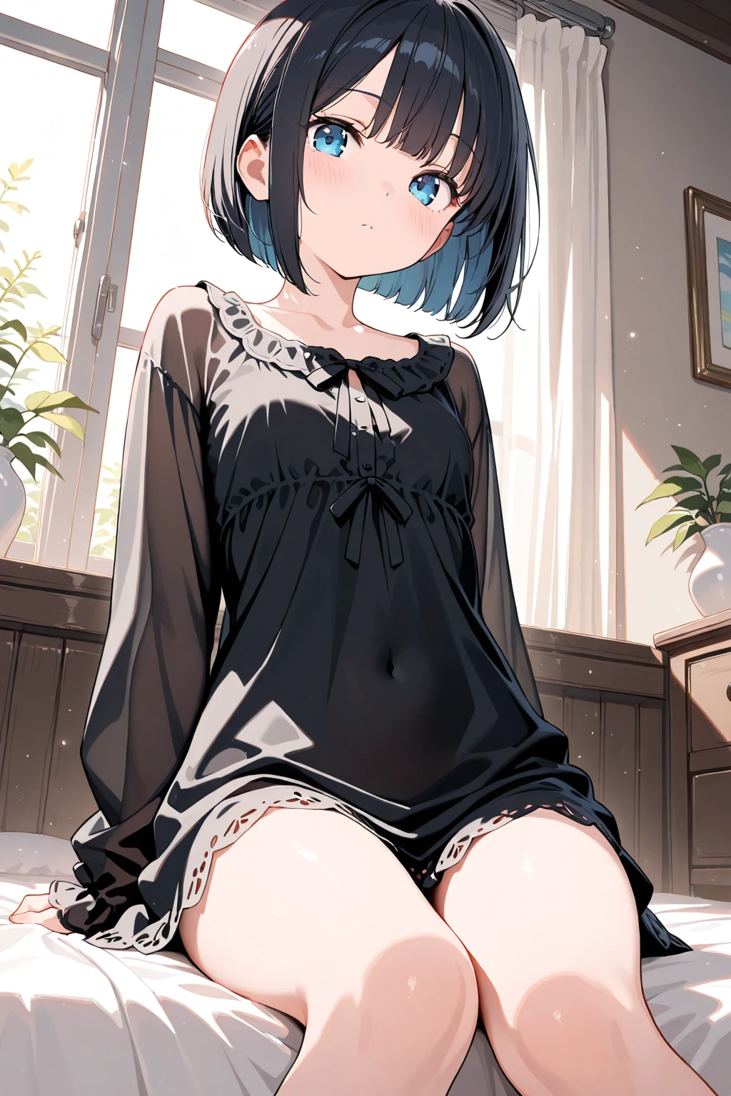 1girl in,Navy blue bob hair,Navy green eyes,Cute,blush, medium breasts⁩, cute eyes, Changing clothes, underwear is visible, night wear