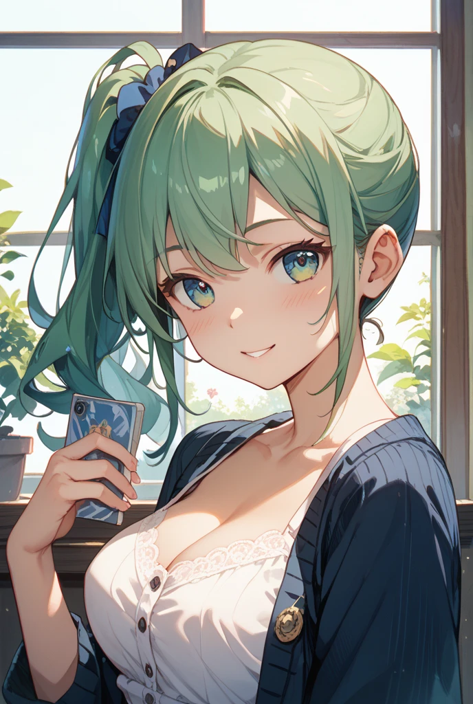 Green hair，short detailed hair，bit girl，10years old，Overlooking，年轻，blue color eyes，bshoulders，鎖骨，Close-up，cleavage，(Off-the-shoulder outfit1.2)，libraryai，(white  skirt)，ssmile，Be red in the face