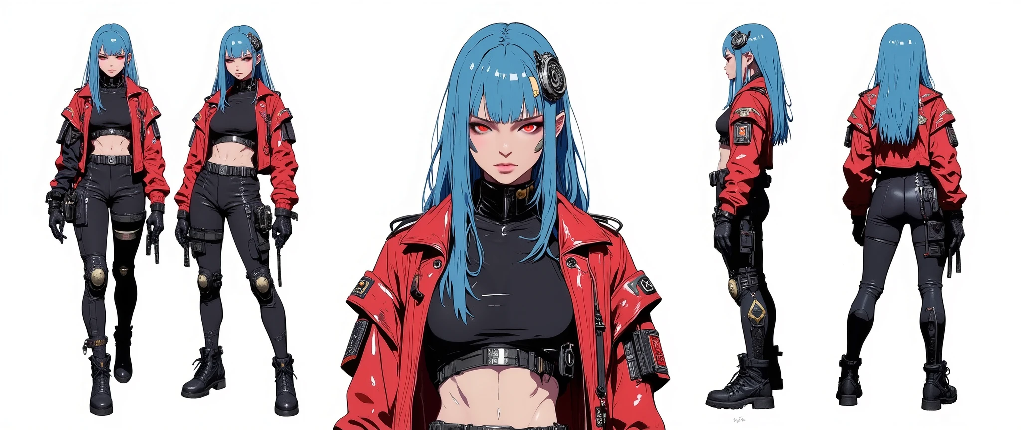 very aesthetic, A very beautiful 28 year old adult woman, sexy body, curves, big legs, with a mixed oriental face, straight hair with two side bangs on her face, cyberpunk style, blue hair and medium length, she is wearing post-apocalyptic cyberpunk style leather clothes, black military clothes, [[Black clothes]] she wears a short red leather jacket Devil My Cry style [[turtleneck]] with a neckline showing medium and voluminous breasts, she has military accessories on her legs, shin guards, with some futuristic accessories, steampunk clothes, dark fantasy clothes, [[she is wearing combat boots]], [[rendered as animes 'Blame' 'Berzeker' 'PSYCHO-PASS' 'Texhnolyze', Female body similar to anime 'Blade & Soul' [[Body with the shape of bayonetta anime]] rossdraws 2.0, high resolution, 90s anime style, full body, high contrast, anatomically correct, front view, side and back, character presentation, [[white background]], character design layout, 3 sides, front, back and side, front view [[[SHE IS FRONT]]], [[She is from the back]] [[FULL BODY]], [[Image showing her full body from head to toe]], front and side view in the same image, [[white background]], character concept presentation. no shading, flat colors in 90's anime style with cel shaded. 3 tones