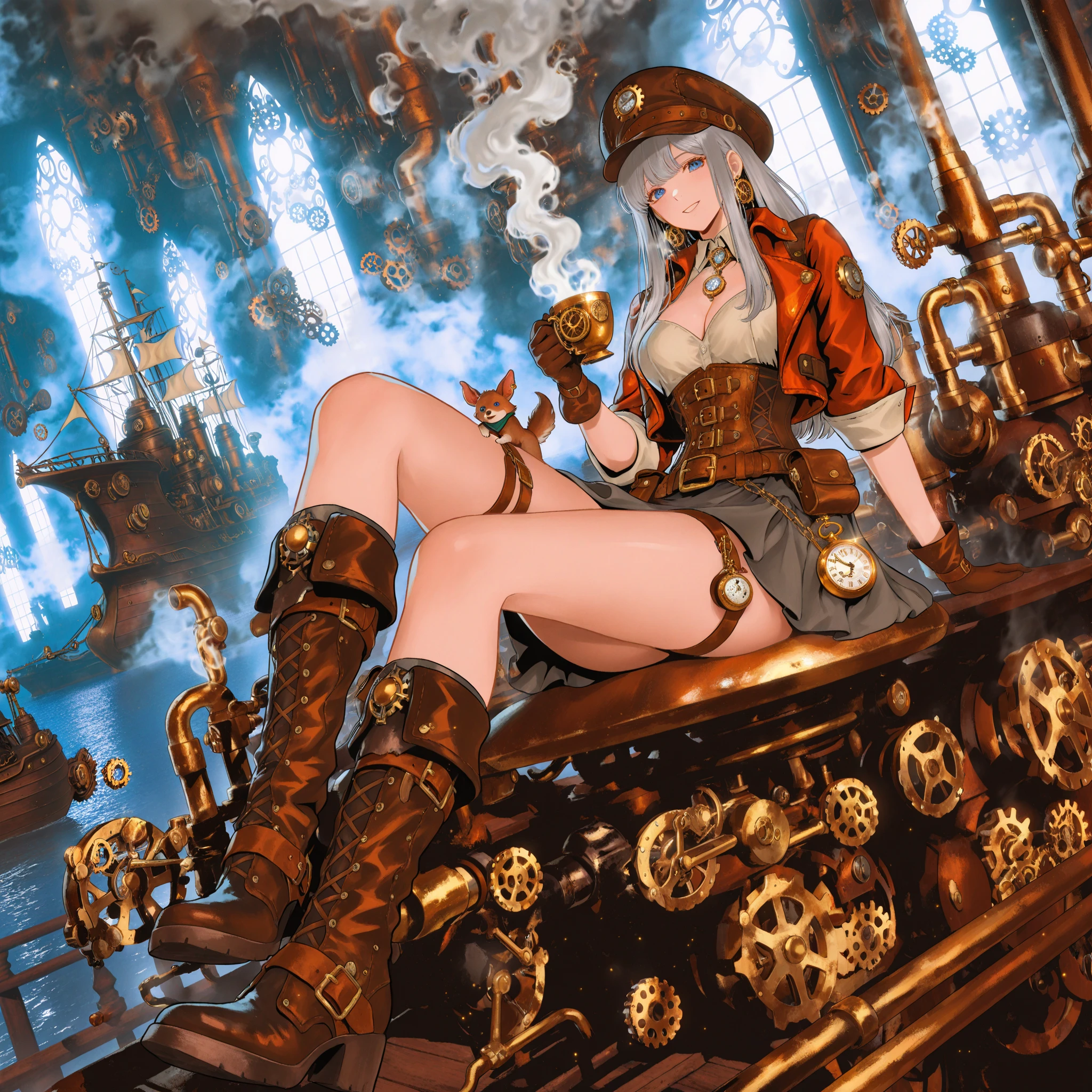 a woman sits in the steampunkai seat, helmet, white hair, red open short pants, pin-up pose, sexy, dominant, erotic,