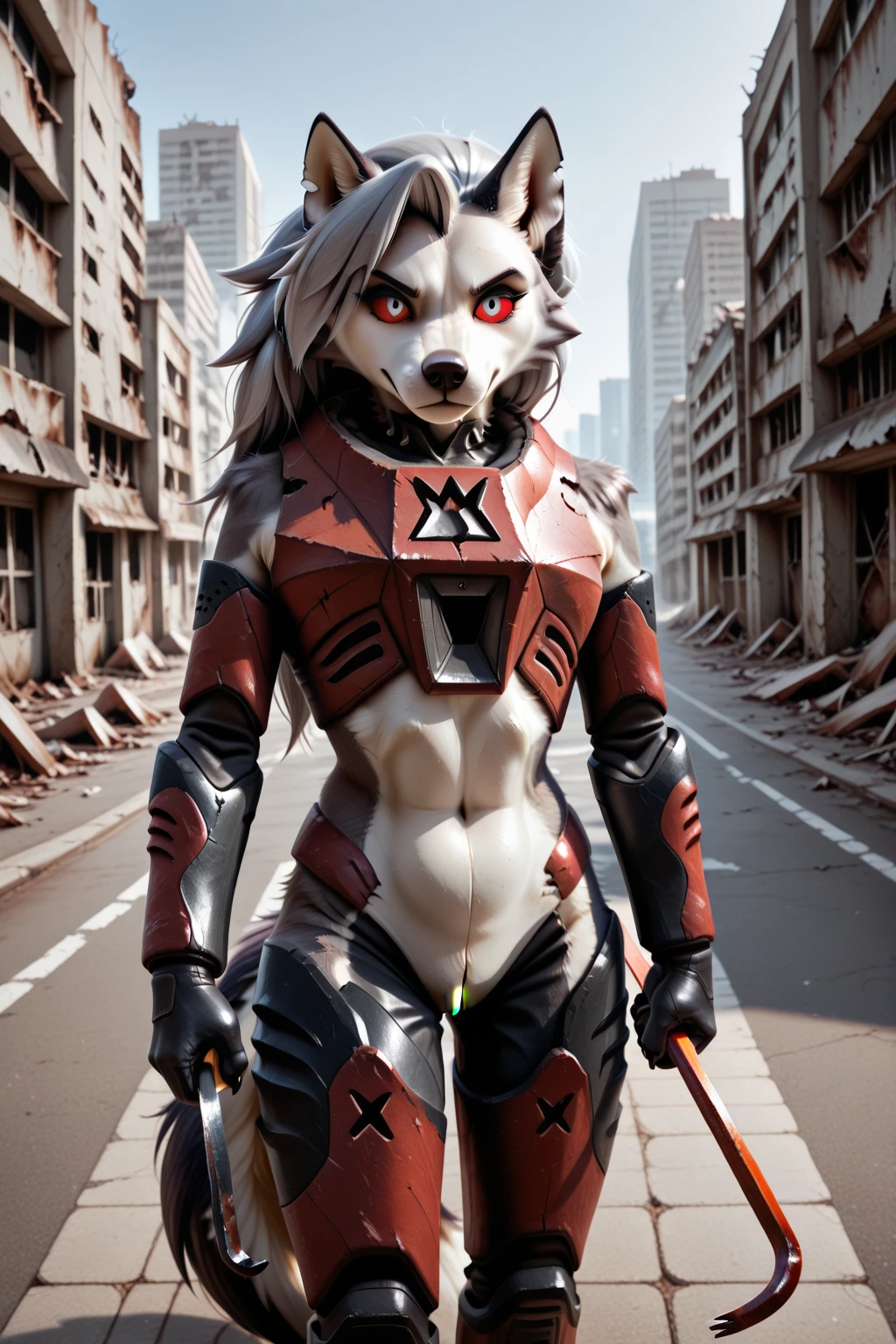 (Fox Girl, Fox Ears, Silver Hair, Fox Makeup, One Girl, Long Hair, Alone on the screen, dark skin, High definition:1.6), (mecha musume, Machinery Parts,Robot Joints, White and red clothes, Full body mechanical suit:1.8), (Body measurements are 75-60-75!, Young girl body, Small breasts, Proudly, Standing posture, slender, muscle:1.9), Avatar, face, lewd face, Dominant representation, naughty face, Uplifting, Skin Texture, outside, ruins, Ruined City, Broken Building, There are no people
