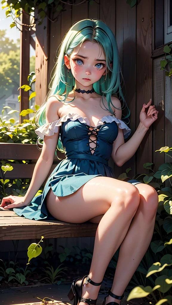 A beautiful young elf girl with bright green eyes, vibrant blue hair, and large breasts, lying on the ground in a cemetery with her legs open or her back to the camera, wearing a transparent lace top, a short skirt, and a collar with the inscription "Sixx", a bandage covering her genitals, with a heart-shaped expression in her eyes, in a tsundere style, rendered in ultra-high definition, photorealistic, anatomically correct, masterpiece