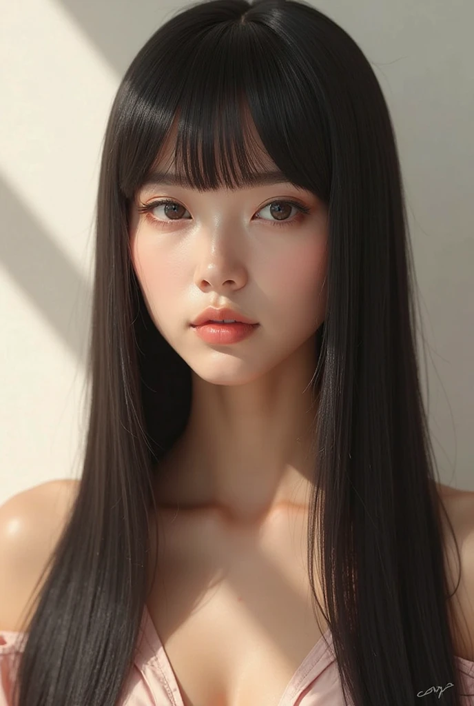 ((best qualityer)), ((work of art)), (detailded), Japanese girl, plump, slightly pink lips, Long black hair, body-hugging black dress, bountiful breasts, pale skin, spots on the tip of the nose and below the eyes. ((simple background))