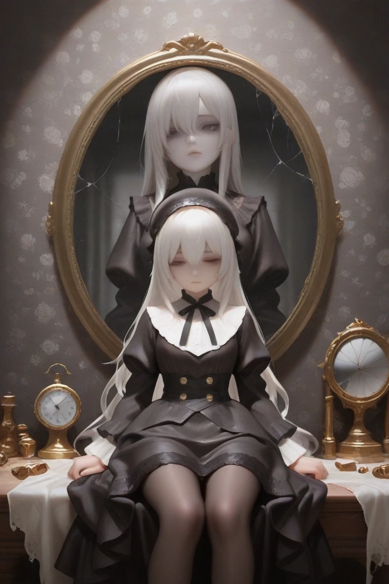 there are three people sitting in a room with a mirror, mysterious art style, stylish horror art, mysterious art style e sombrio, creepy art, detailed 4k horror art, digital art 4k unsettling, surreal horror art, artistic style tom bagshaw, digital art from danganronpa, six from little nightmares, surreal dark art, nostalgic and mysterious concept art