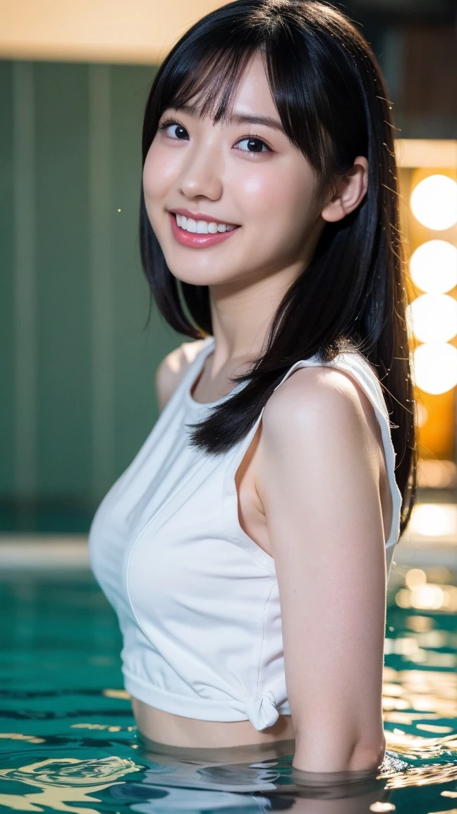 fashion model 18 years old， [[[[Close-up cleavage]]]], [[[[Rapeseed]]]], [[[[Shoulder]]]], perfect eyes, perfect iris，perfect lips，perfect teeth，perfect skin，White skin，high dynamic range，girl，(delicate face)，(Highly clear face)，(((obscene exposure)))，(((white bikini)))，(((big breasts)))，(((pool in background)))，((A smile of excitement and satisfaction on his face))，((Sexy and charming expression))，((looking at the audience))，((面部的Close-up cleavage))，4K Ultra HD, ultra high resolution, (realistically: 1.4), best quality，masterpiece，（pastel colors：1.2)