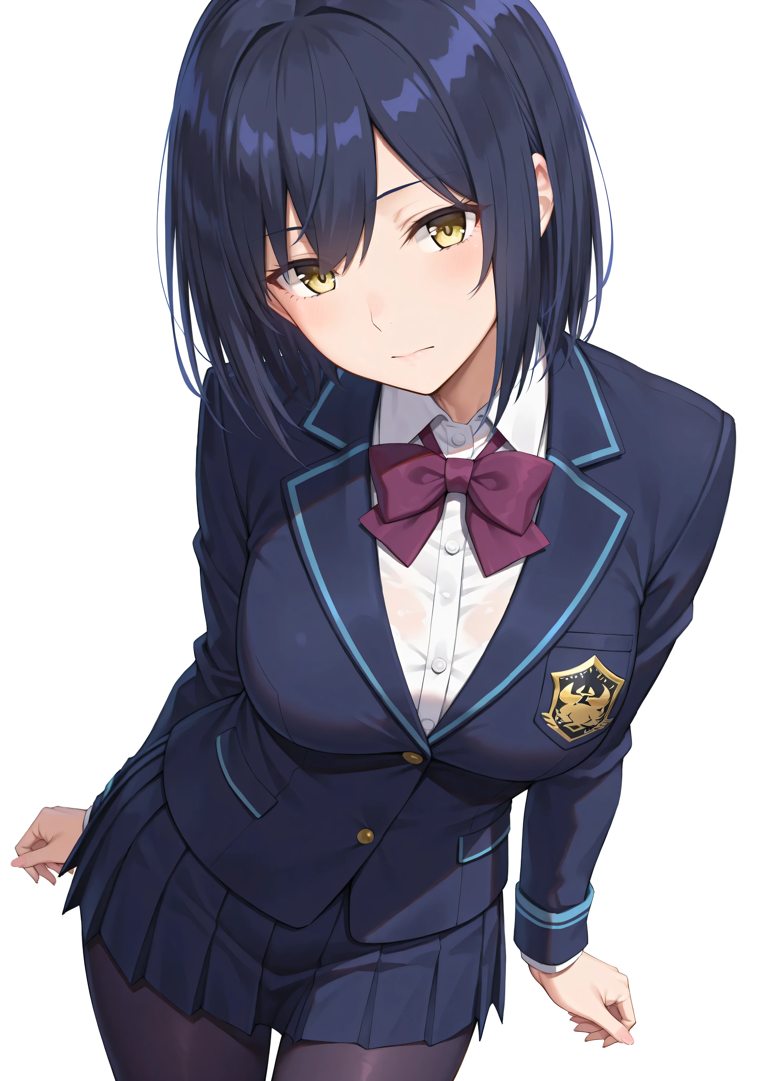 solo,masterpiece,best quality, amazing quality, highres, absurdres, very aesthetic, high resolution, ultra detailed, perfect details,nijirin,medium breasts,yellow eyes,blue hair,black hair,moles,medium hair,nijirincos,white shirt,collared shirt,purple bowtie,blazer jacket,blue jacket,closed jacket,blue skirt,miniskirt,pleated skirt,dark blue pantyhose,(masterpiece, detailed:1.2)、look at viewer,mature female,