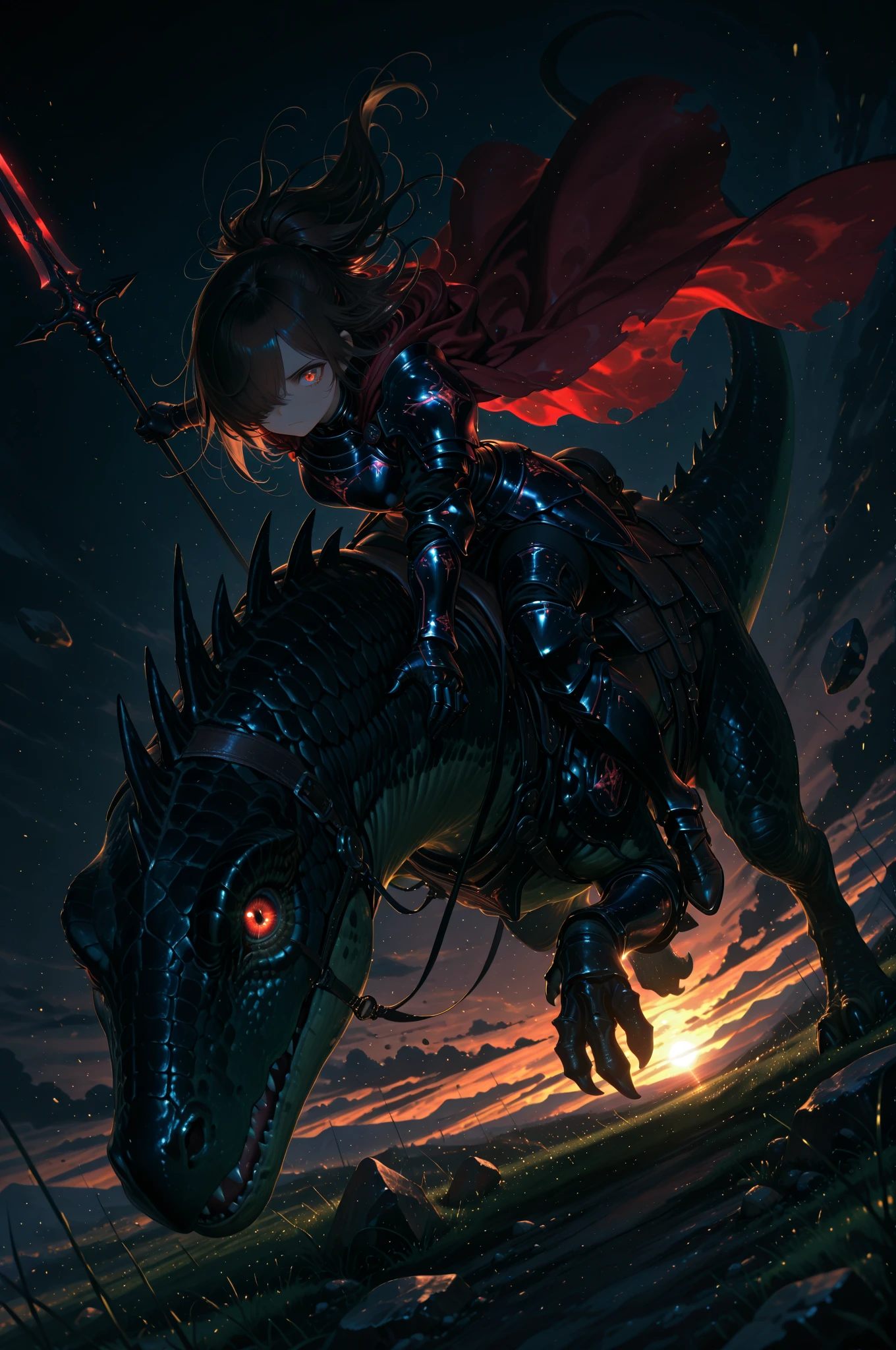 1woman,
solo, hyper-detailed beautiful eyes, cape,  Intricate, hair_over_one_eye, white twisted hair:1.1, close mouth, shining armor, gauntlet, she holding spear, 
armor boots, Fluttering Red Cape, BREAK 
she riding  dinosaur, Armored  dinosaur, Reddish brown dinosaur, Ferocious fangs, powerful dinosaur faces, reptilian eyes, Reins, saddle, dynamic angle, from above, BREAK 
fantasy, dark fantasy art, Dry grassland, rocks, stones, gloomy sunset, dark theme, BREAK 
Dim river, Spooky Fog, BREAK 
masterpiece, newest, absurdres, incredibly absurdres, best quality, amazing quality, very aesthetic, Intricate, dynamic angle, depth of field