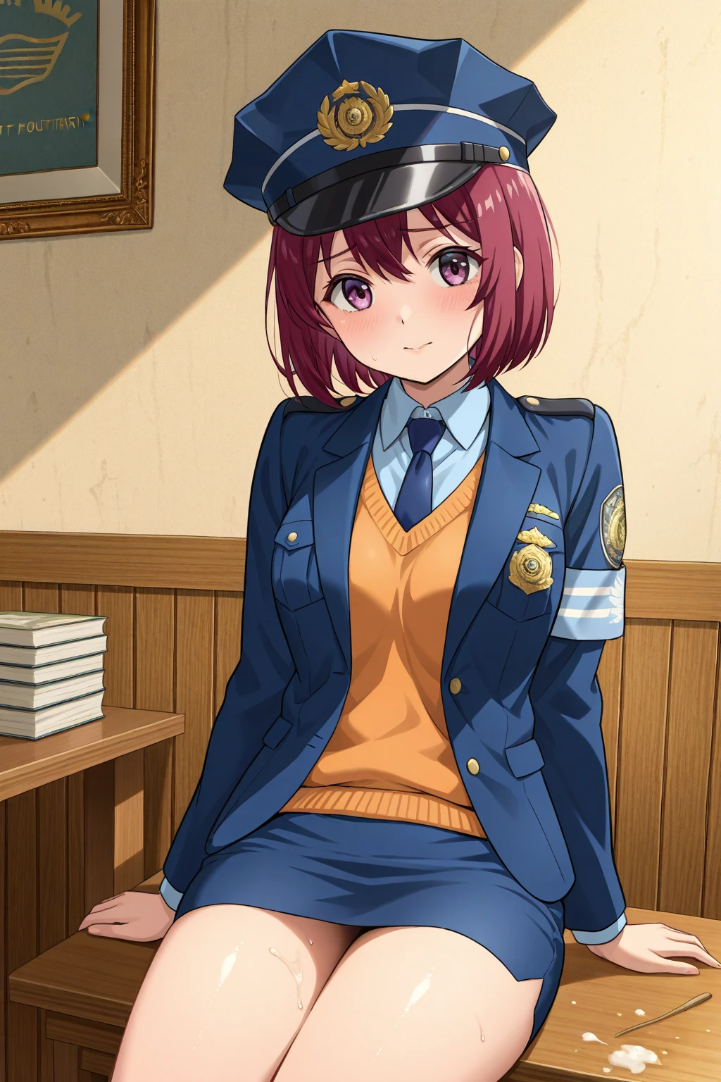 (masterpiece,best quality, detailed), 1girl, solo, sitting, from above, looking at viewer, smile, closed mouth, restaurant, indoors, crossed legs,
tsujimoto natsumi, police uniform, blue shirt, short sleeves, white gloves, pencil skirt,  <lora:TsujimotoNatsumiV1-000008:1>,  <lora:more_details:0.4>
