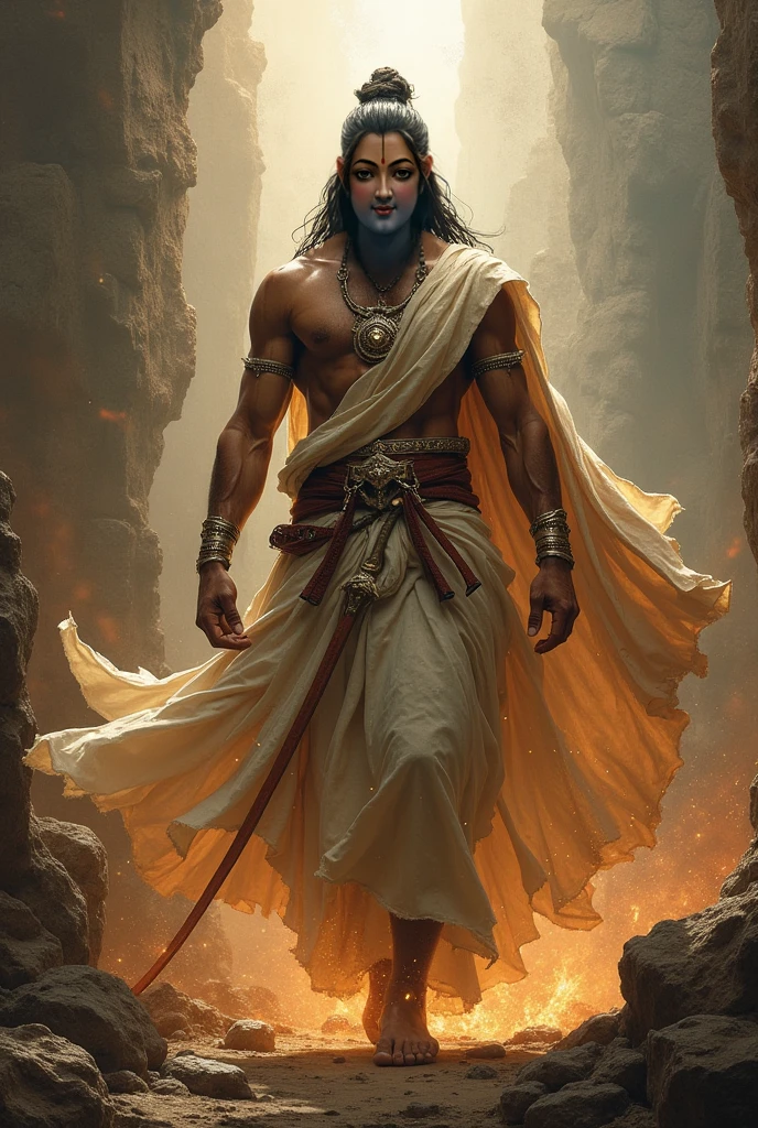 lord krishna in White clothes in peacock tail in Head and normal skin, standing position, background war land