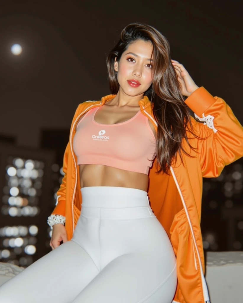 photo of a beautiful girl, face of actress pooja hegde, wearing casual shirt with a orange hoodie and white leggings, city street, messy medium hair, thick body, view from back, medium upper body shot, looking at the camera, cute smile, shallow depth of field, blonde girl, smooth skin, professional majestic (photography by Steve McCurry), 8k uhd, dslr, soft lighting, high quality, film grain, Fujifilm XT3 sharp focus, f 5.6, High Detail, Sharp focus, (seductive)