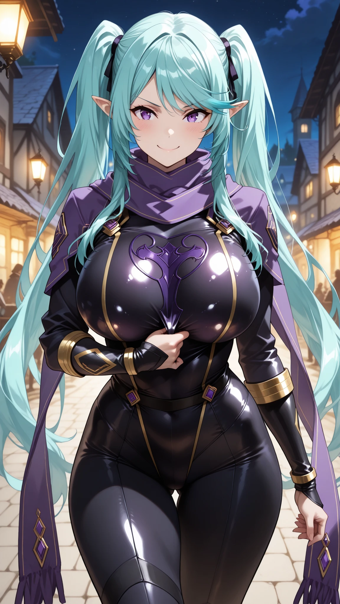 masterpiece, Highest quality,  Unreal Engine,  Super Resolution,  Very detailed, 

1 Girl, malaria, Quiz Magic Academy, Blue Eyes,　Details, Waist,  thin,  (Muscular:0.8), Round Breasts,  Big Breasts,  bold,  Lips parted,  Observe the audience, 

Are standing, Sexy pose,  Waistショット, 

Magic Class, Simple background anime style,  Key Visual, 

malaria,  ((Purple long hair:1.5)), Purple Dress, ((Black Skirt)), (Black Short Cape), (Pink fishnet turtleneck), Pink long gloves, Black long boots, Sticky with sweat,